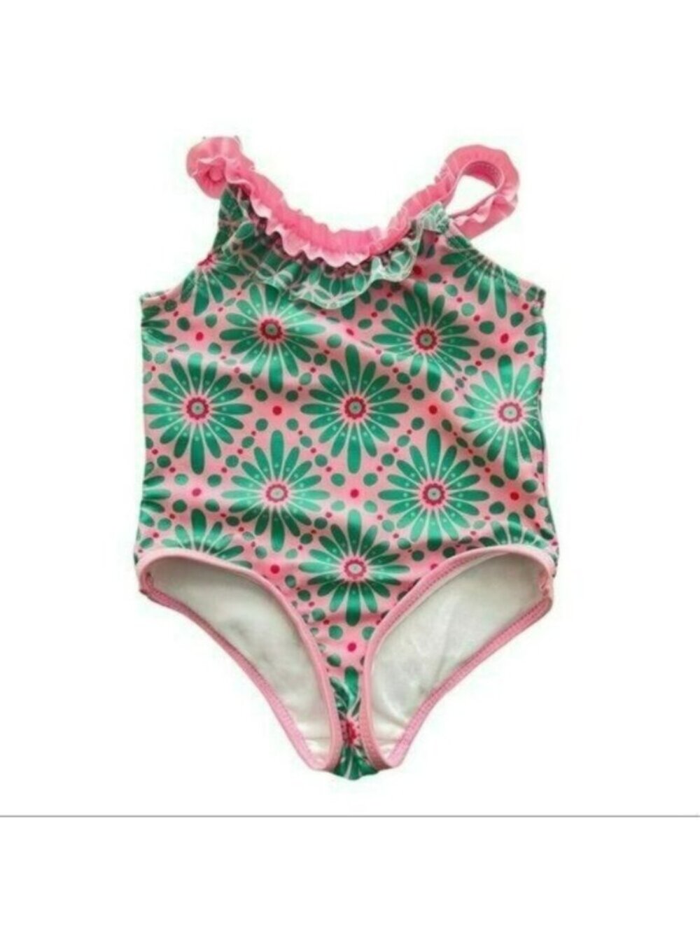 Cabana Beach Girls Toddler Size 2T One Piece Pink Green Patterned Swimsuit